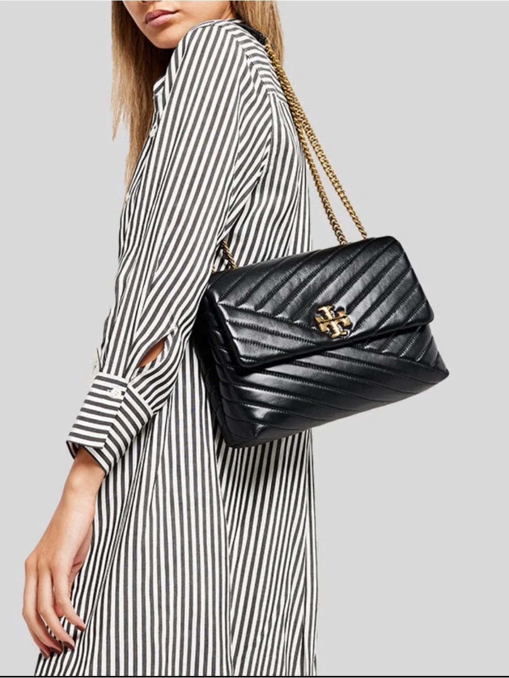 Tory Burch Black Quilted Leather Shoulder Bag with Gold Logo Chain